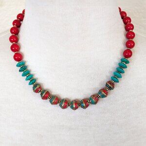 Southwestern Turquoise & Red Coral Antiqued Gold Statement Necklace